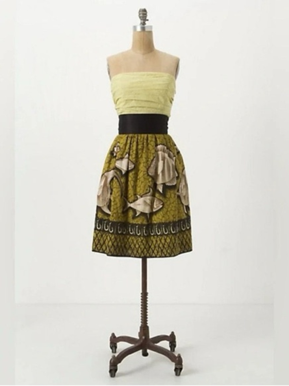 Anthropologie Strapless Green & Black Printed Fit-and-Flare Dress